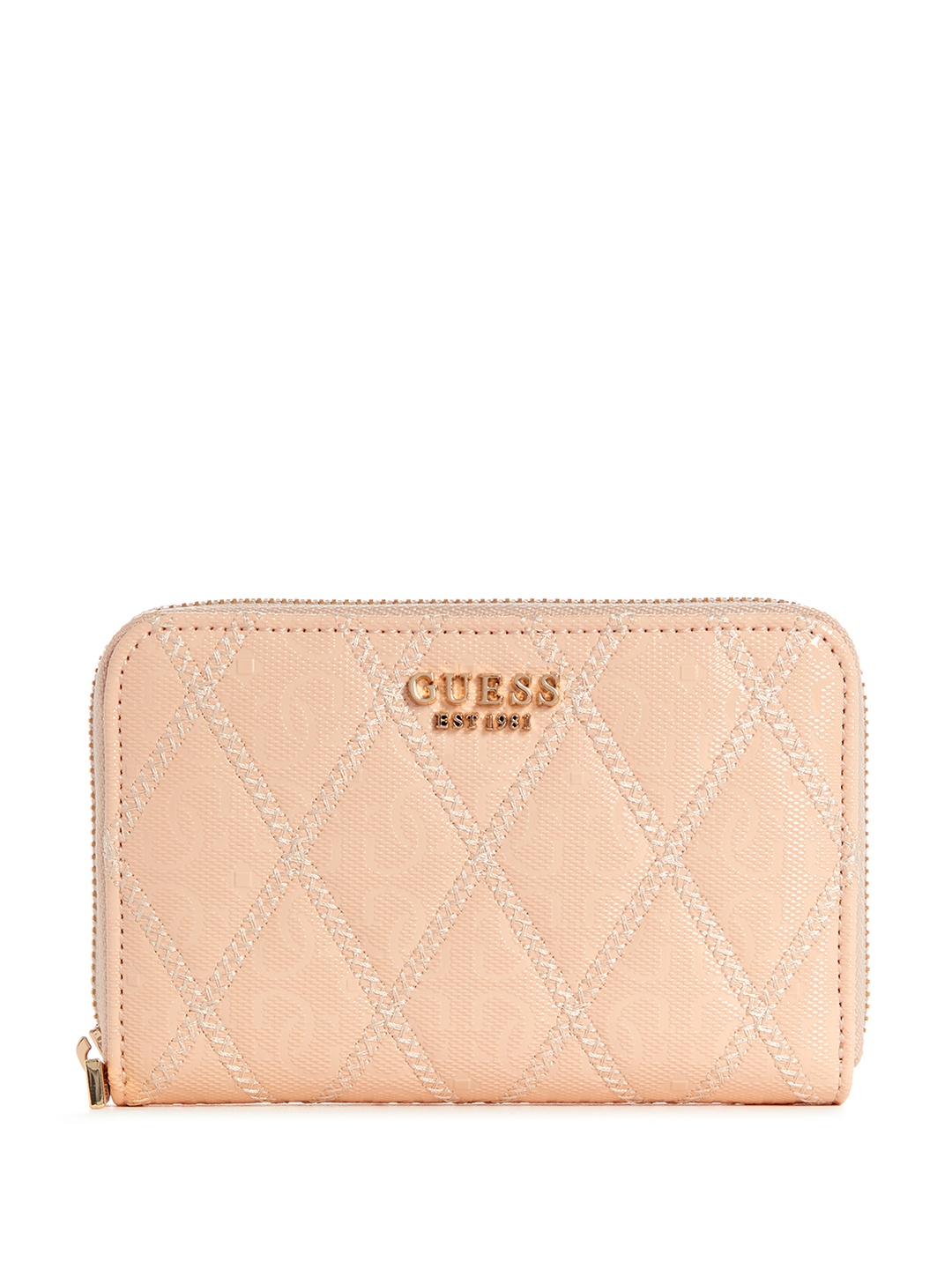 

GUESS Women Brand Logo Textured Zip Around Wallet With Quilted Detail, Peach