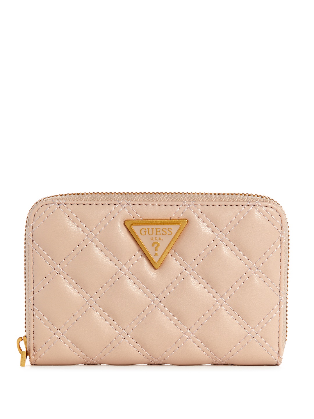 

GUESS Women Geometric Textured Zip Around Wallet with Quilted Detail, Beige