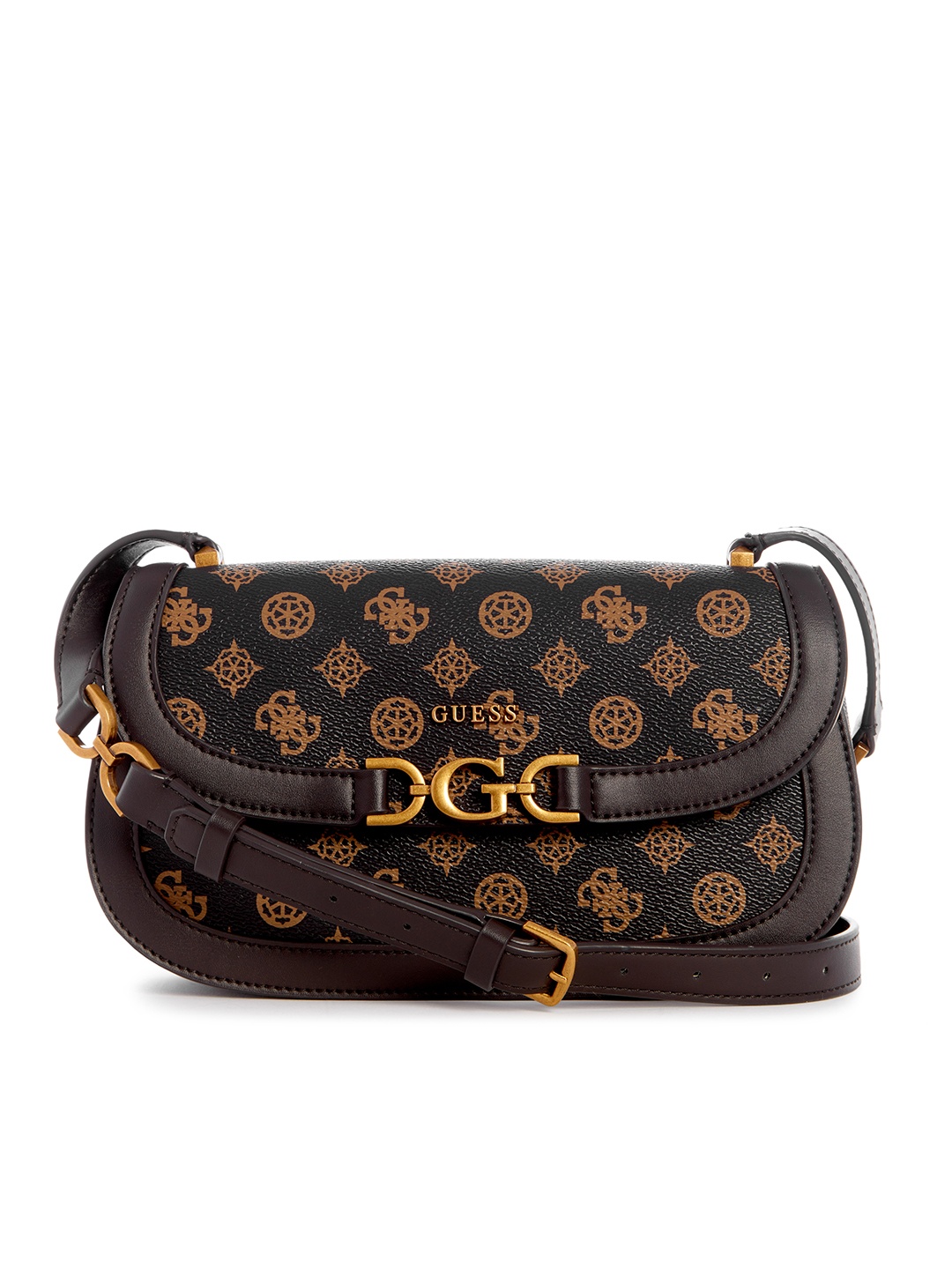 

GUESS Brand Logo Printed Structured Sling Bag, Brown