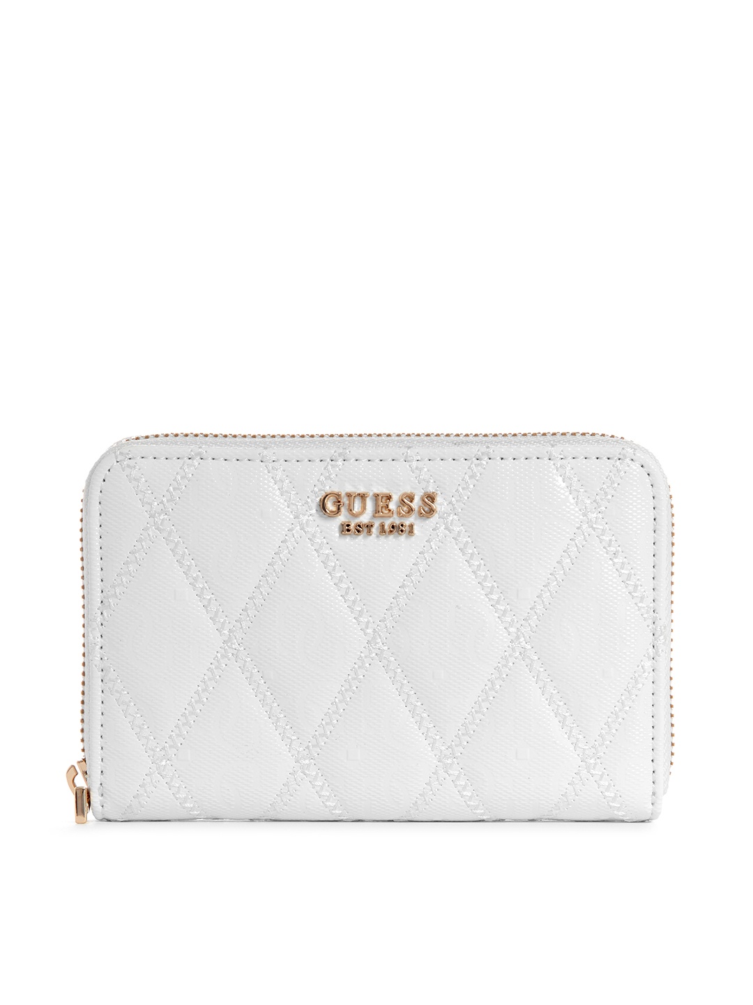 

GUESS Women Brand Logo Textured Zip Around Wallet With Quilted Detail, White