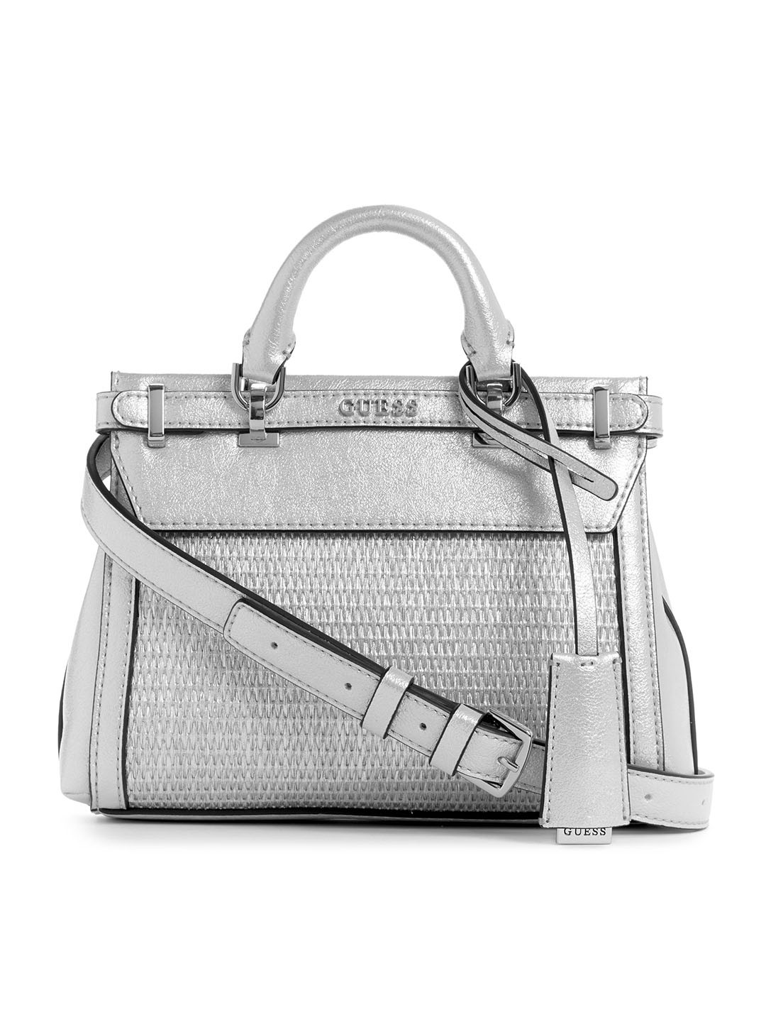 

GUESS Textured & Woven Structured Handheld Bag, Silver
