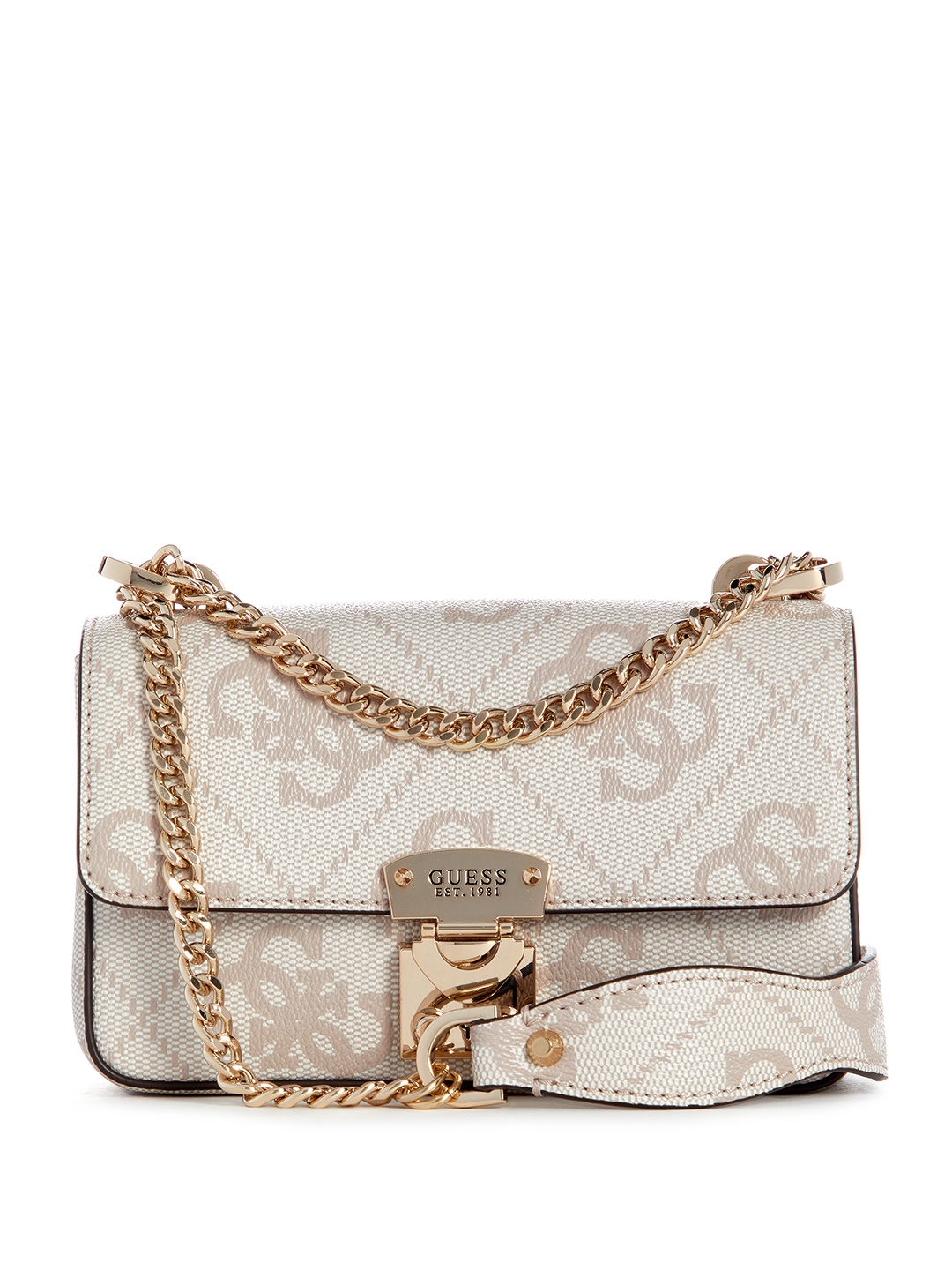 

GUESS Brand Logo Printed Structured Sling Bag, Cream