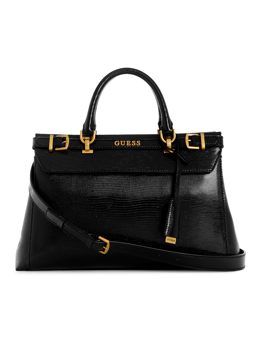 

GUESS Snakeskin Textured Structured Handheld Bag, Black