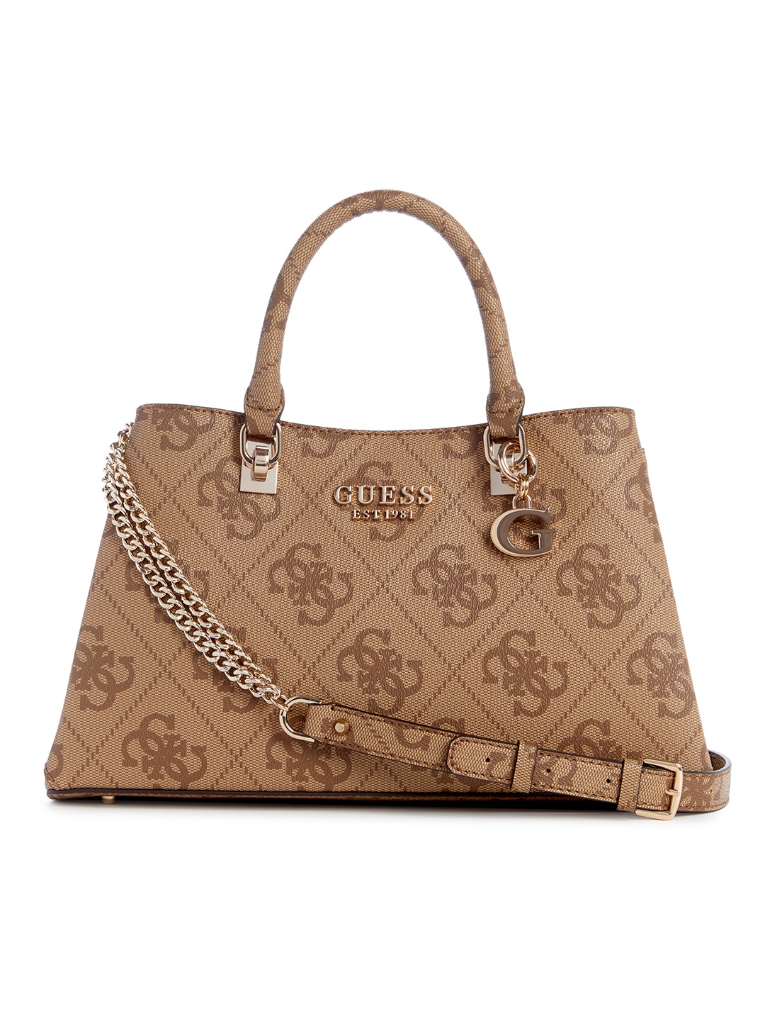 

GUESS Brand Logo Printed Structured Handheld Bag, Brown