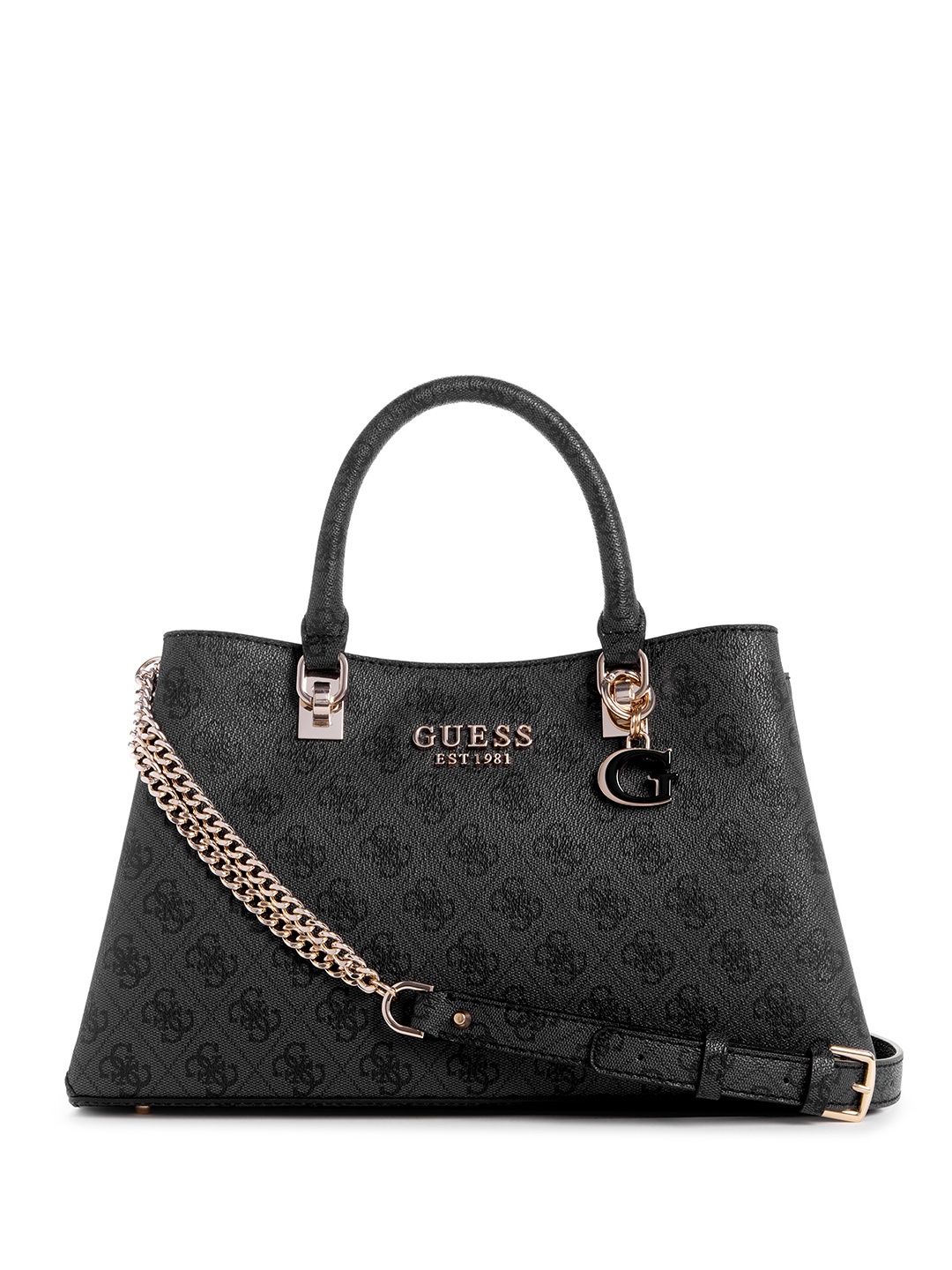 

GUESS Brand Logo Printed Structured Handheld Bag, Black