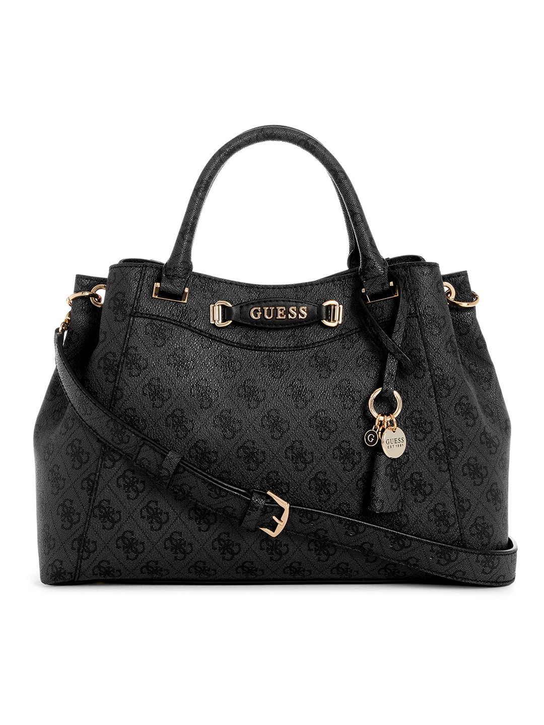 

GUESS Brand Logo Printed Structured Handheld Bag, Grey