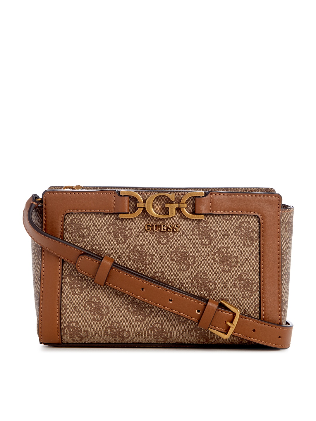 

GUESS Brand Logo Printed Structured Sling Bag, Brown