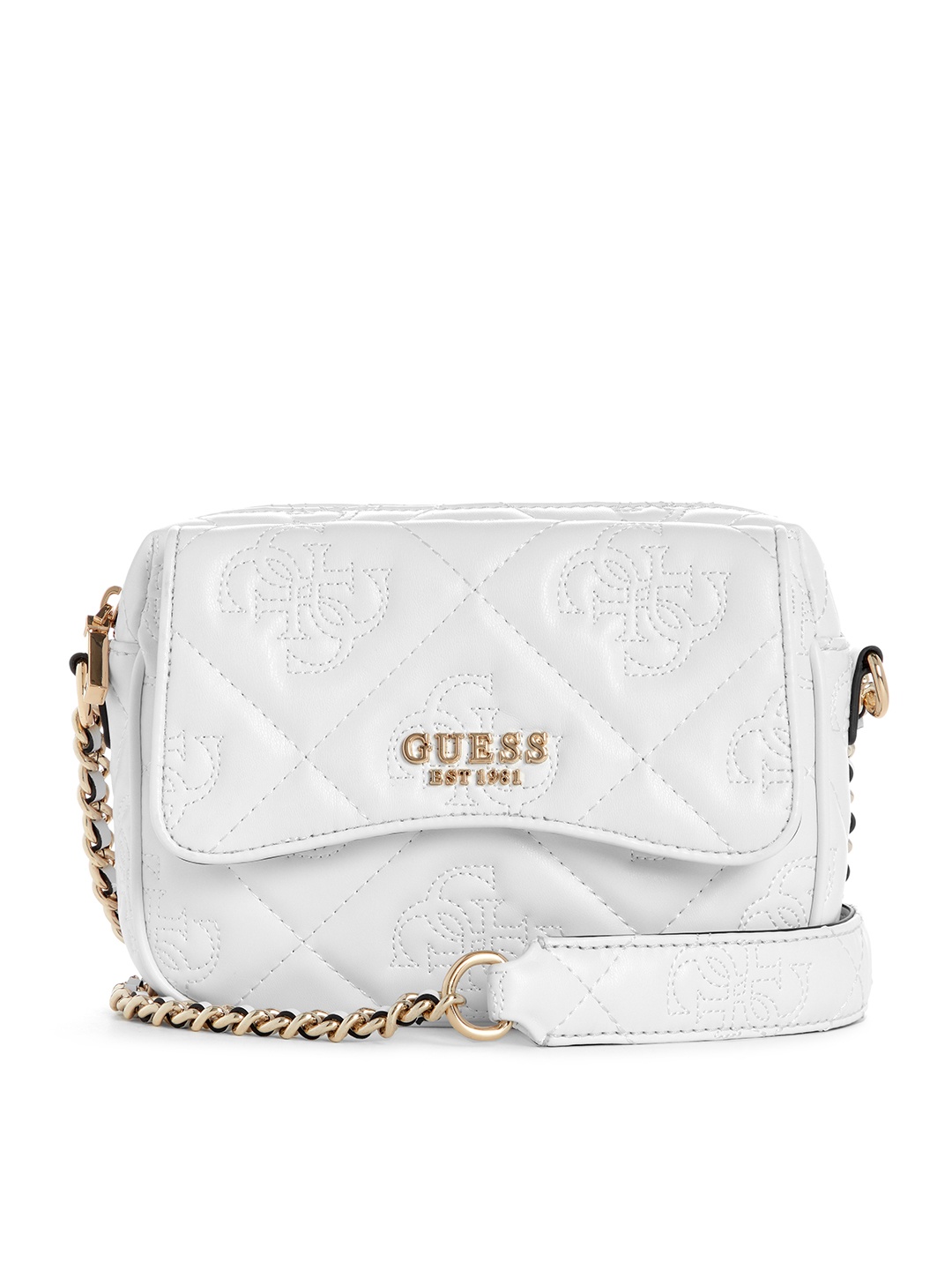 

GUESS Brand Logo Textured Structured Sling Bag, White