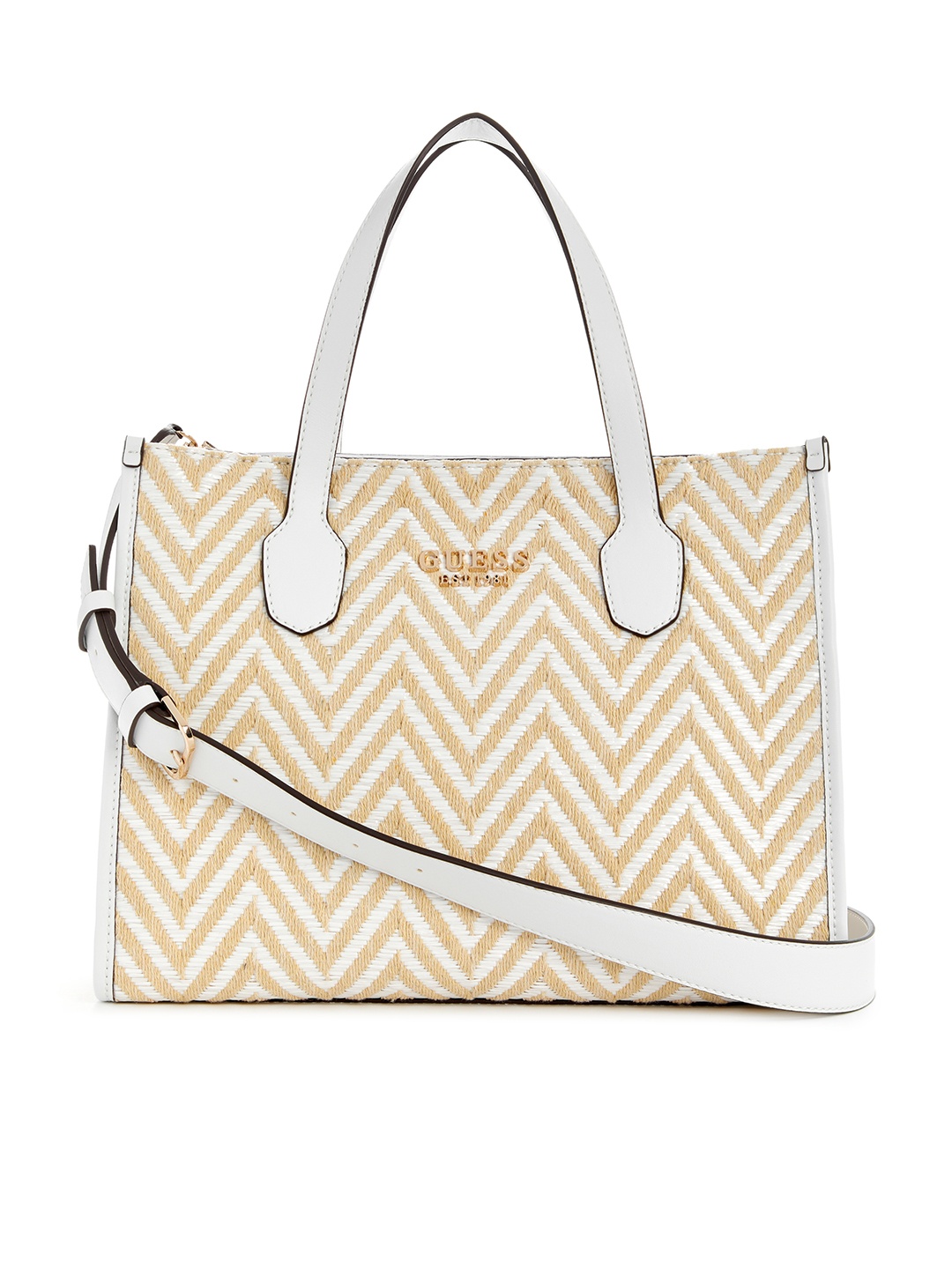 

GUESS Chevron Woven Design Structured Handheld Bag, White