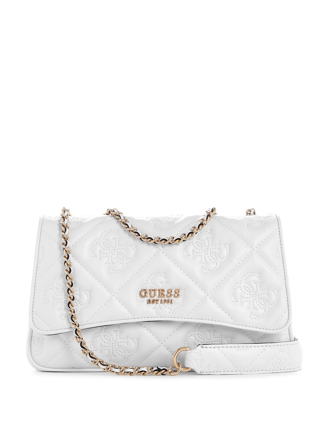 

GUESS Brand Logo Structured Sling Bag with Quilted Detail, White