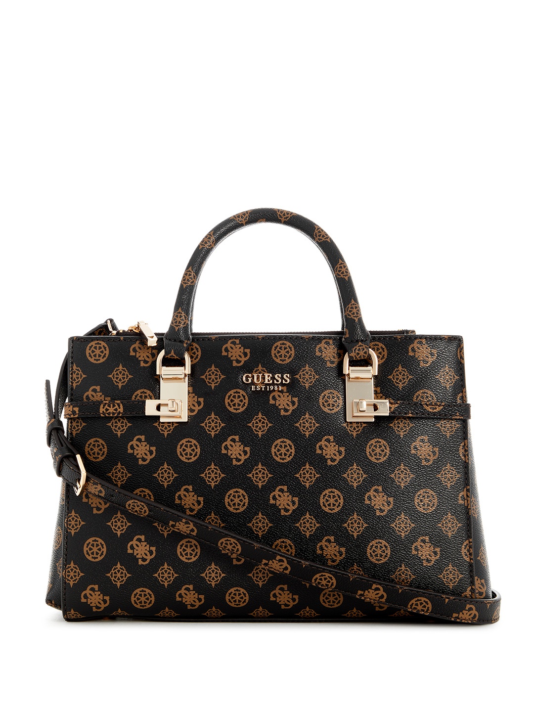 

GUESS Brand Logo Print Structured Handheld Bag, Brown