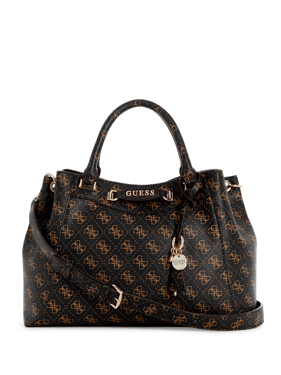 

GUESS Brand Logo Printed Structured Handheld Bag, Brown
