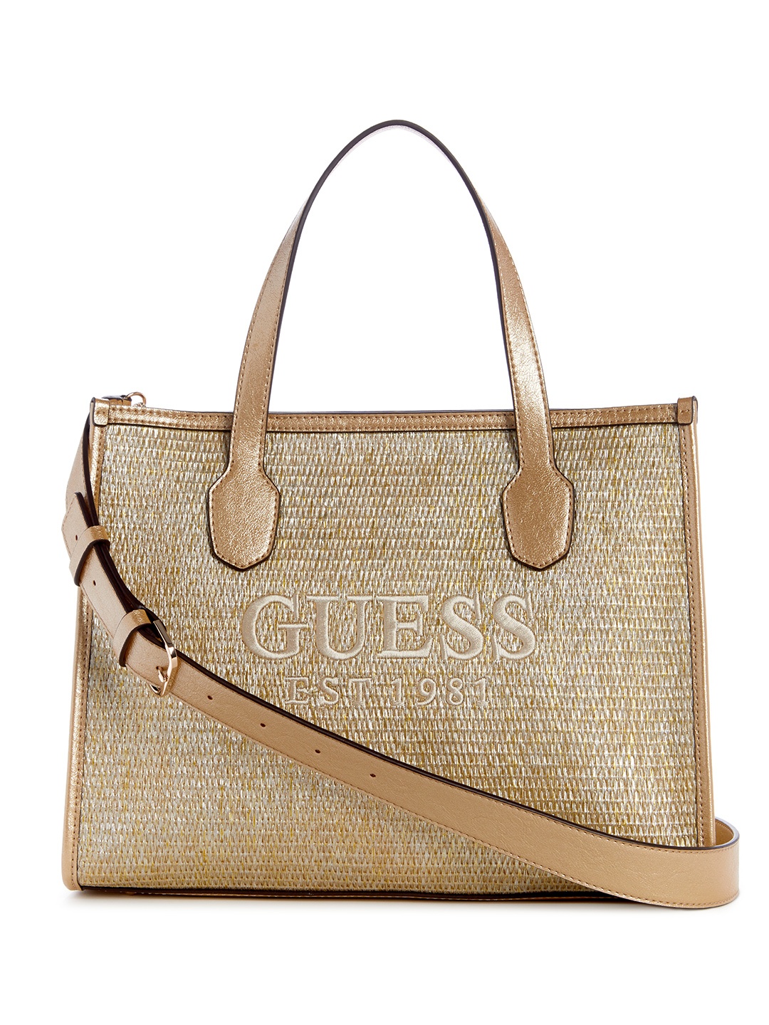 

GUESS Basket Weave Textured Structured Handheld Bag with Embroidered Detail, Gold