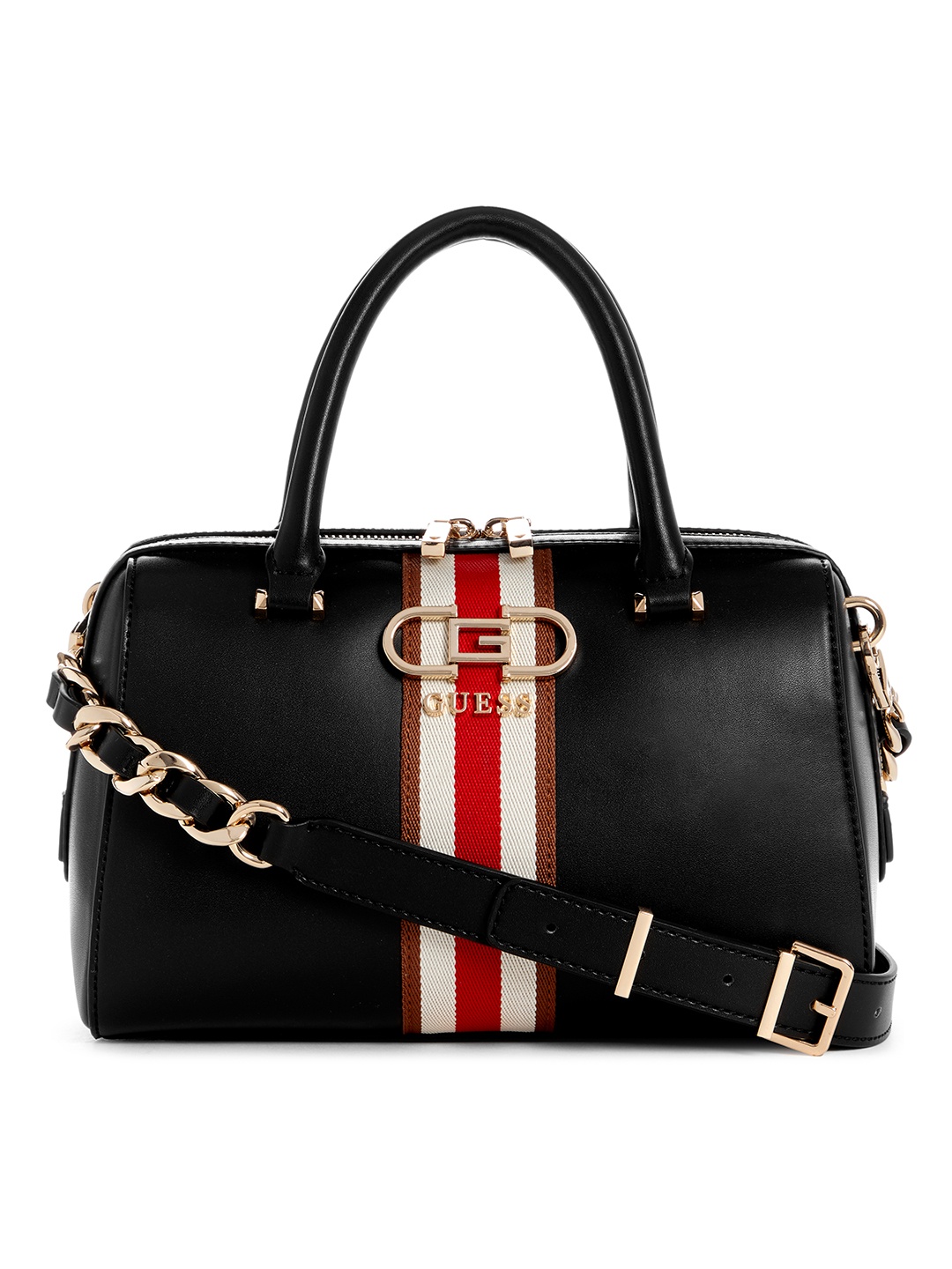 

GUESS Striped Detail Bowling Handheld Bag, Black