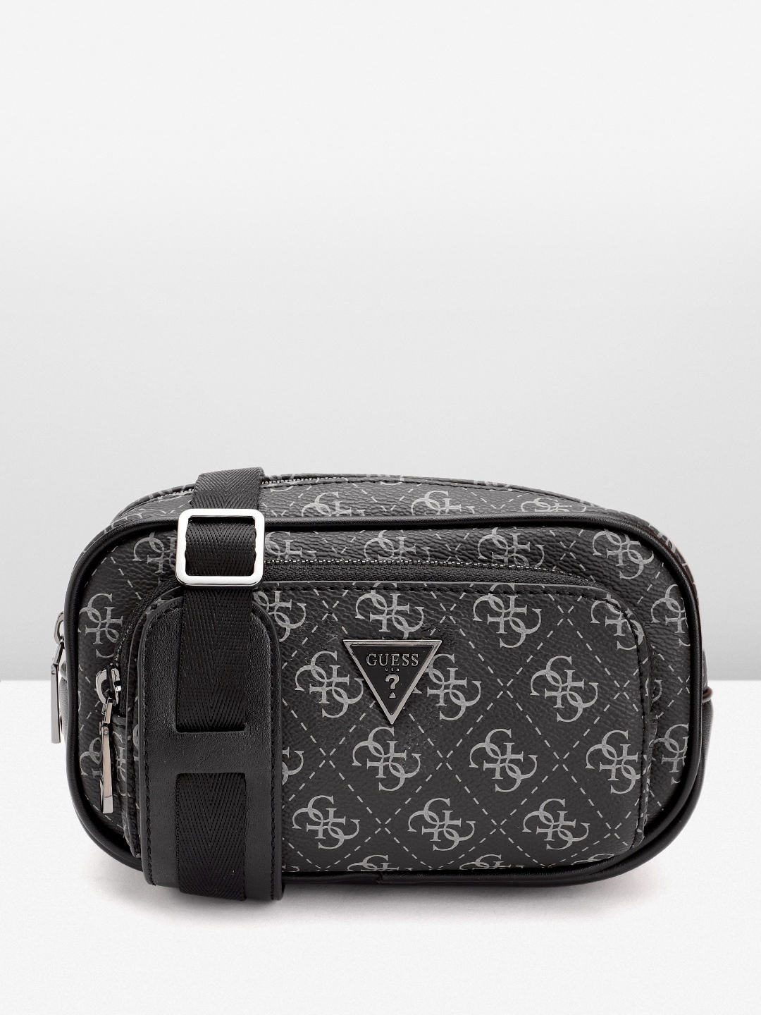 

GUESS Brand Logo Printed PU Structured Sling Bag, Black