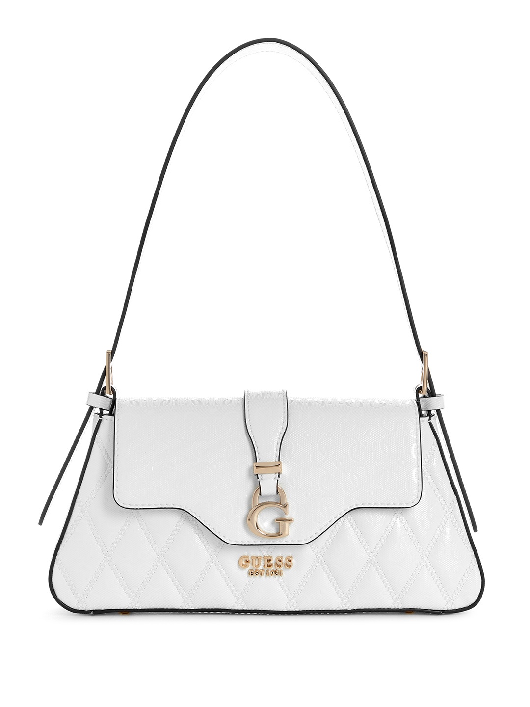 

GUESS Brand Logo Textured Baguette Bag with Quilted Detail, White