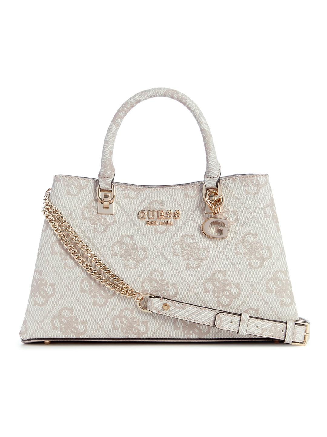 

GUESS Brand Logo Printed Structured Handheld Bag, Cream
