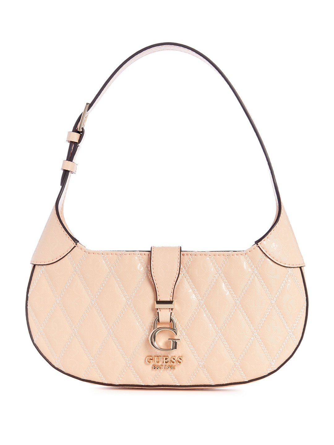 

GUESS Brand Logo Textured Structured Baguette Bag with Quilted Detail, Pink