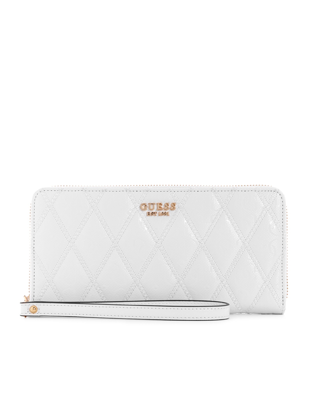 

GUESS Women Brand Logo Textured Long Zip Around Wallet with Quilted Detail, White