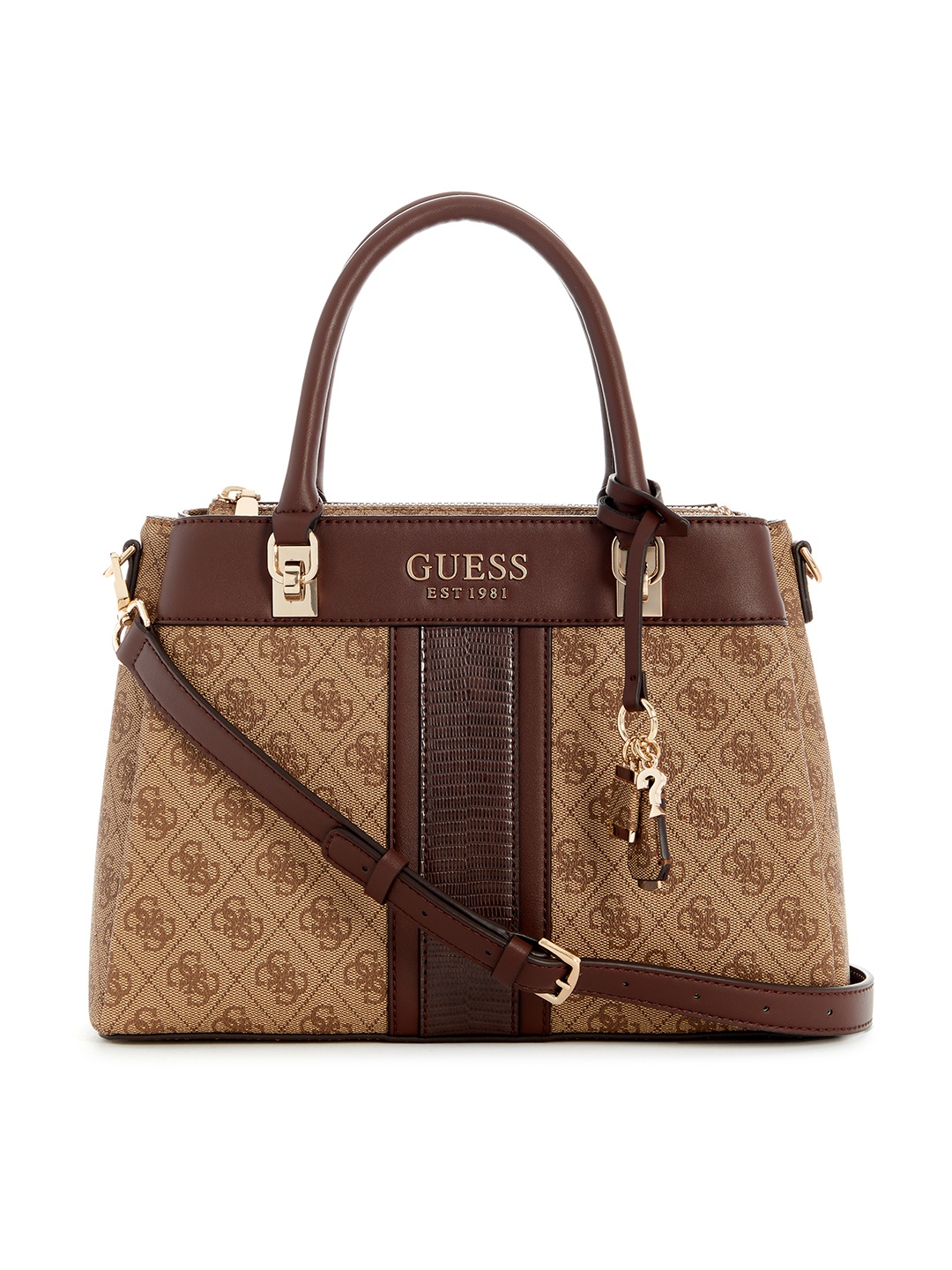 

GUESS Brand Logo Printed Structured Handheld Bag, Brown