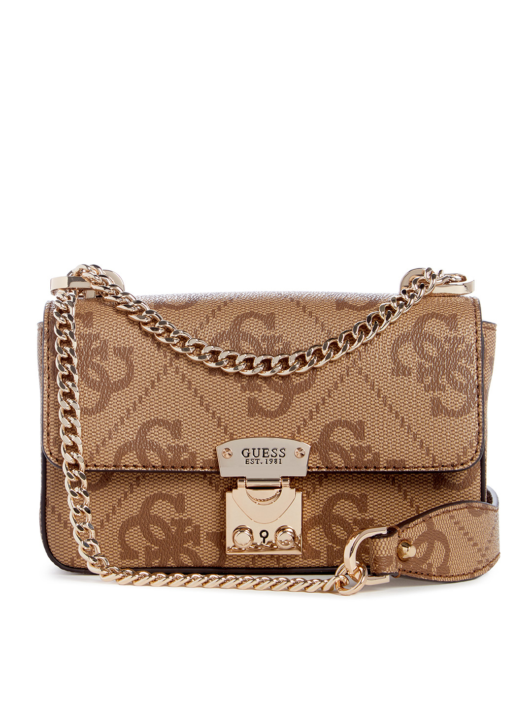 

GUESS Brand Logo Printed Structured Sling Bag, Brown