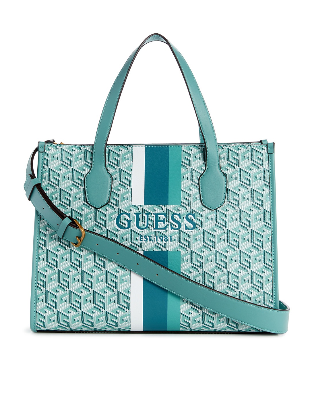 

GUESS Brand Logo Printed Structured Handheld Bag, Turquoise blue