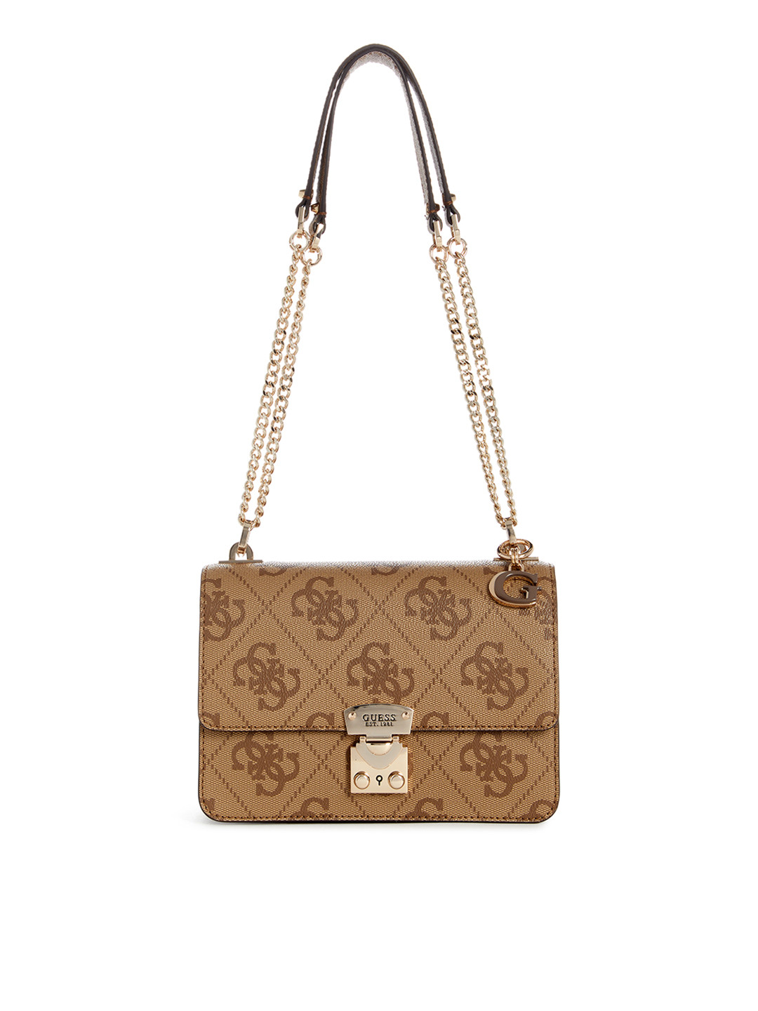

GUESS Brand Logo Printed Structured Shoulder Bag, Brown