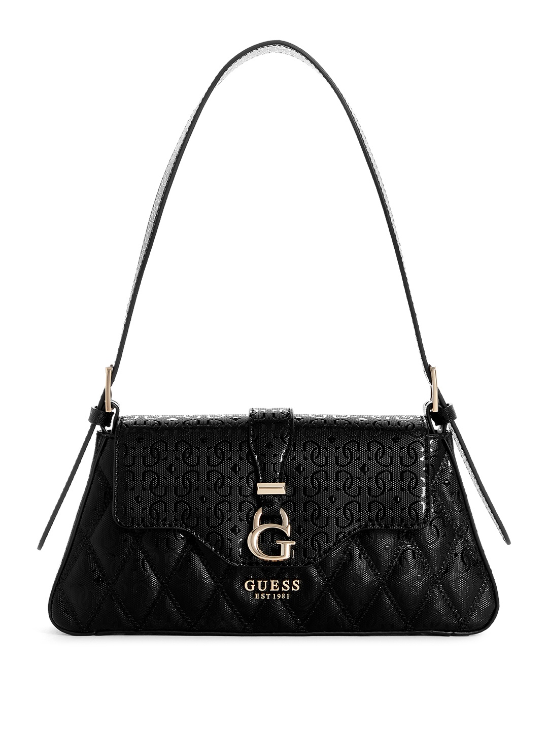 

GUESS Brand Logo Textured Baguette Bag with Quilted Detail, Black