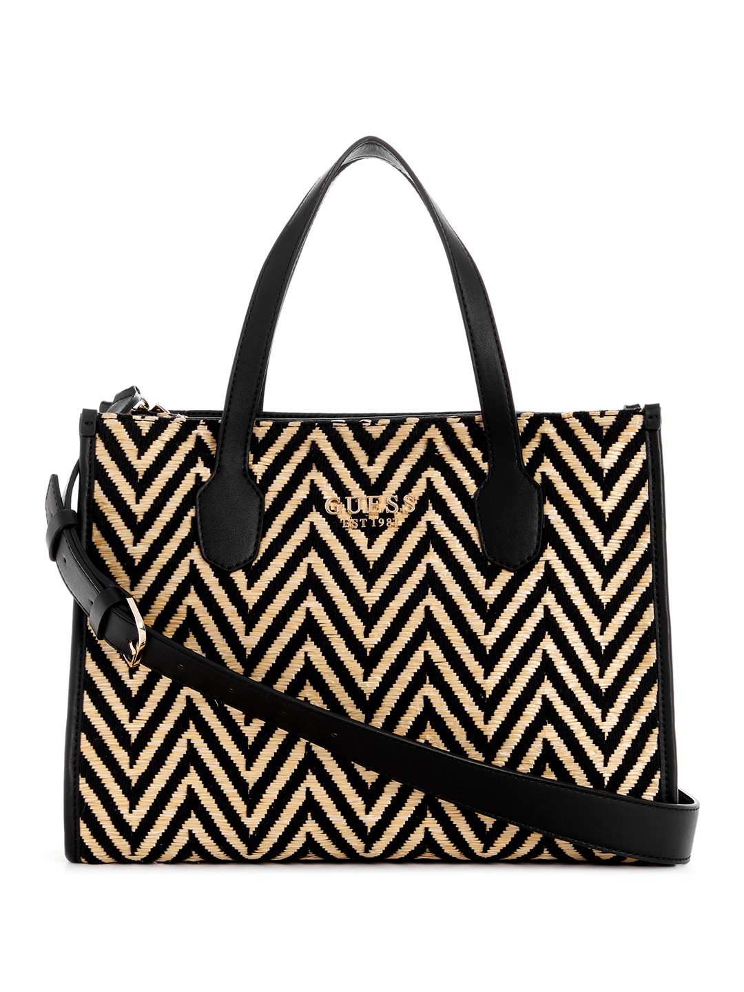 

GUESS Chevron Woven Design Structured Handheld Bag, Black