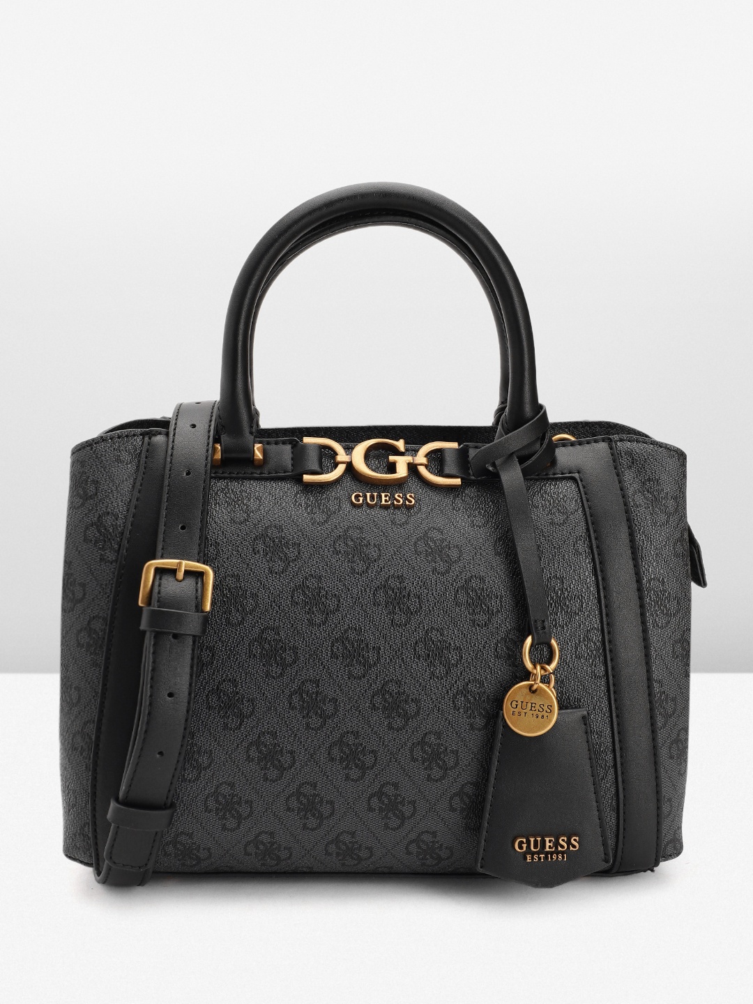 

GUESS Brand Logo Printed Structured Handheld Bag, Black