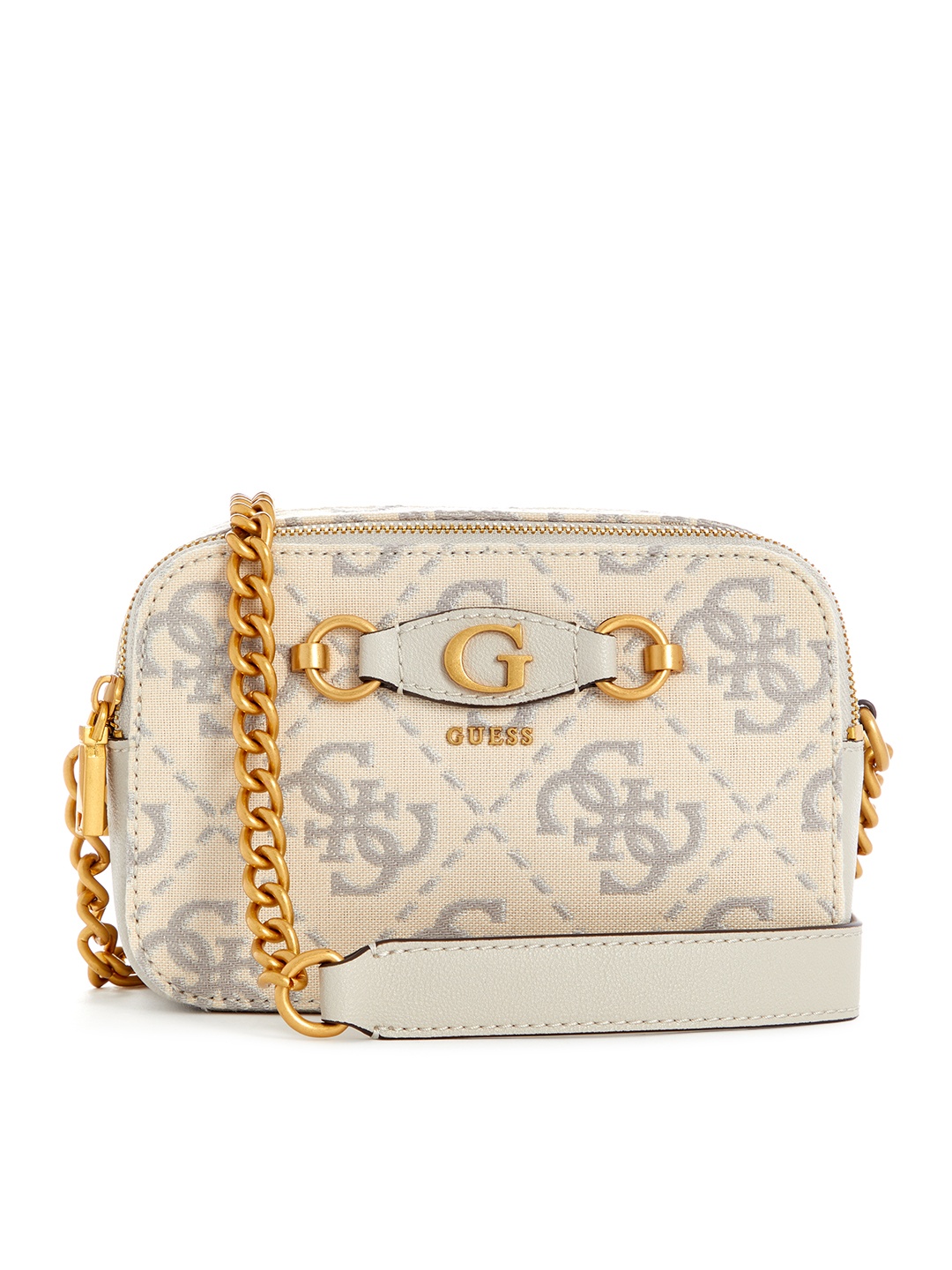 

GUESS Brand Logo Self Design Structured Sling Bag, Cream