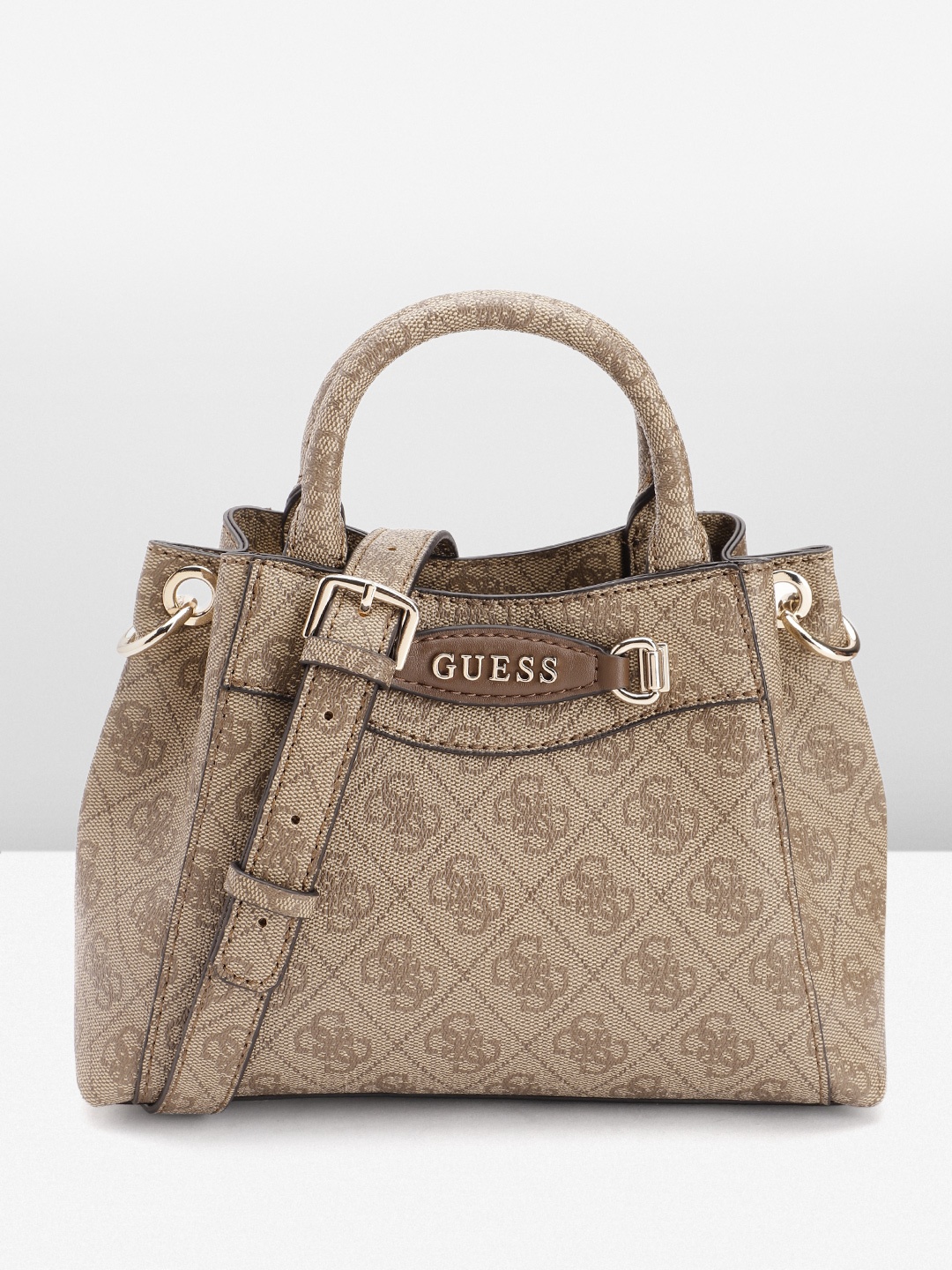 

GUESS Brand Logo Printed Structured Handheld Bag, Brown