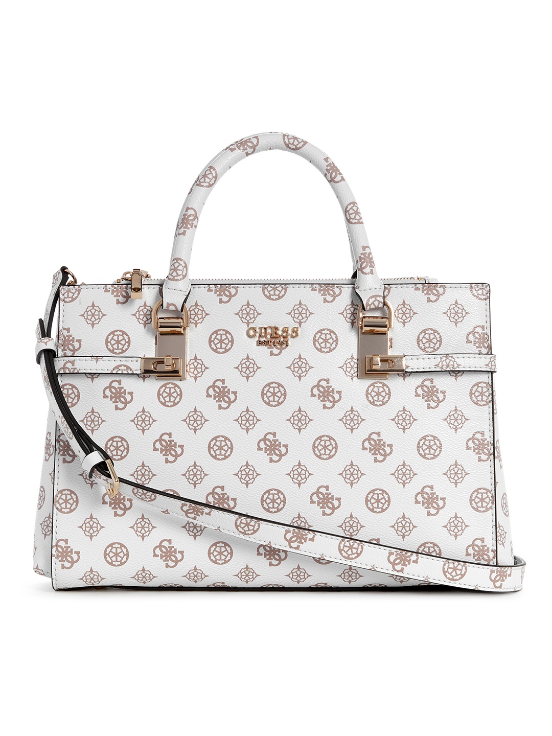 

GUESS Brand Logo Printed Structured Handheld Bag, White