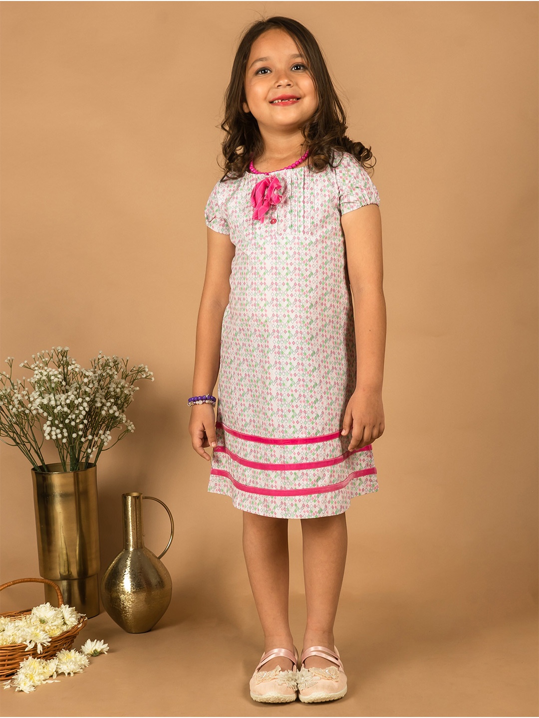 

HERE&NOW Girls Geometric Print A-Line Cotton Dress, Pink
