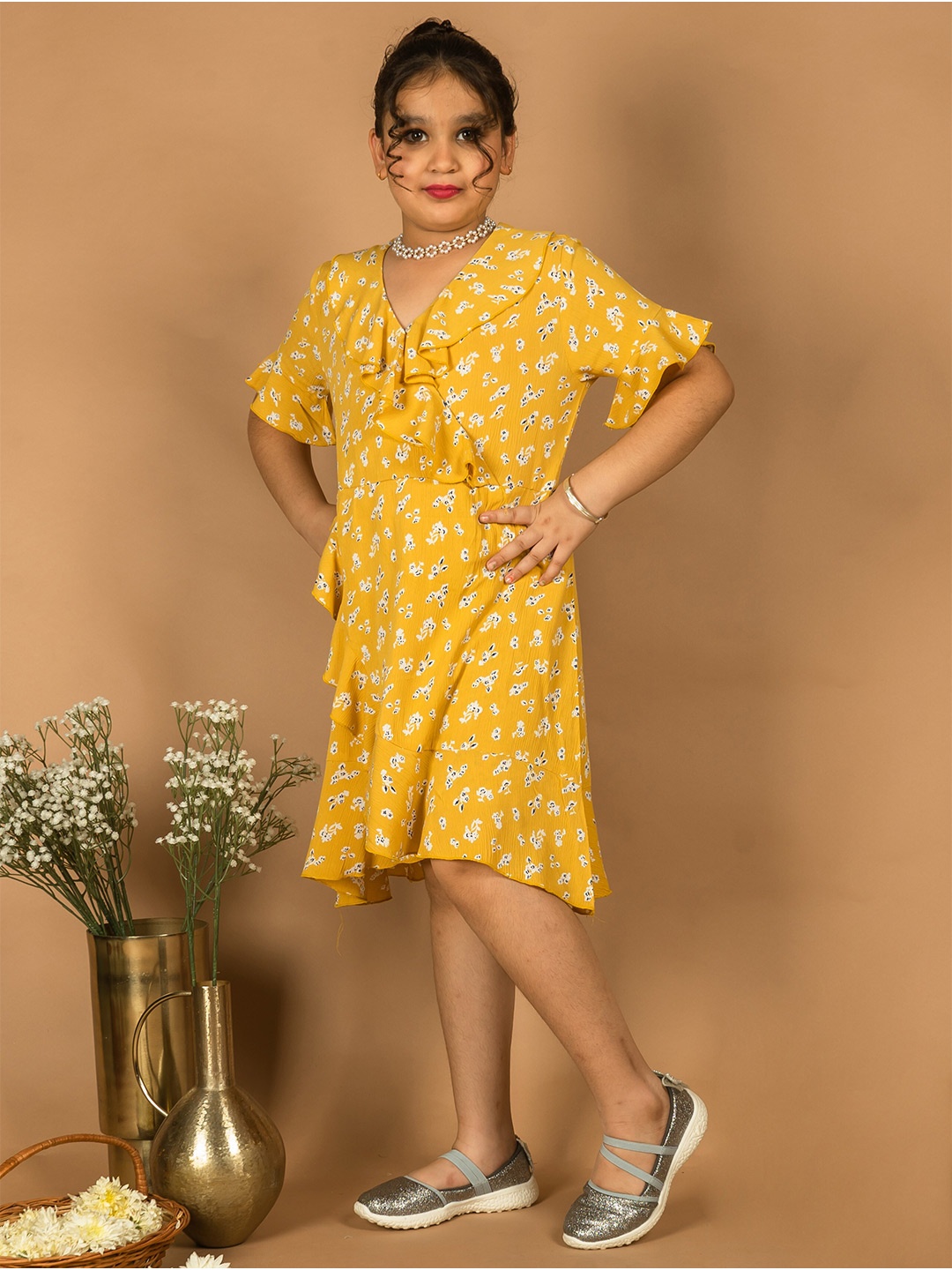 

HERE&NOW Girls Floral Print V-Neck Flared Sleeve Ruffles A-Line Dress, Yellow