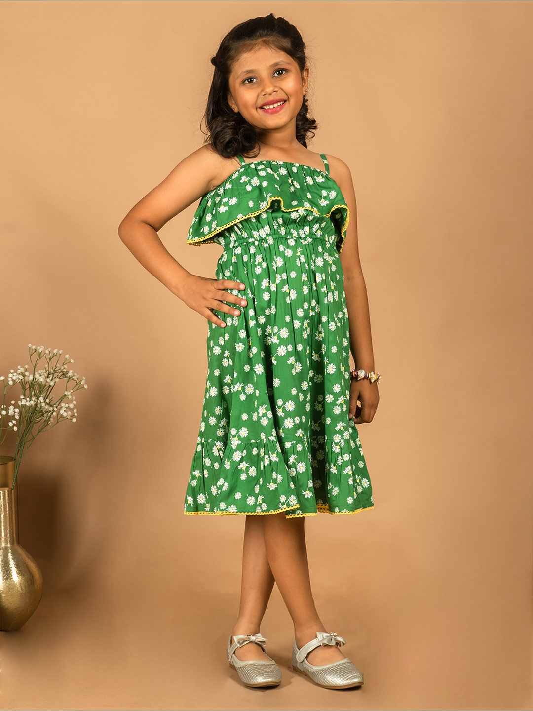 

HERE&NOW Girls Floral Print Cotton A-Line Dress, Green