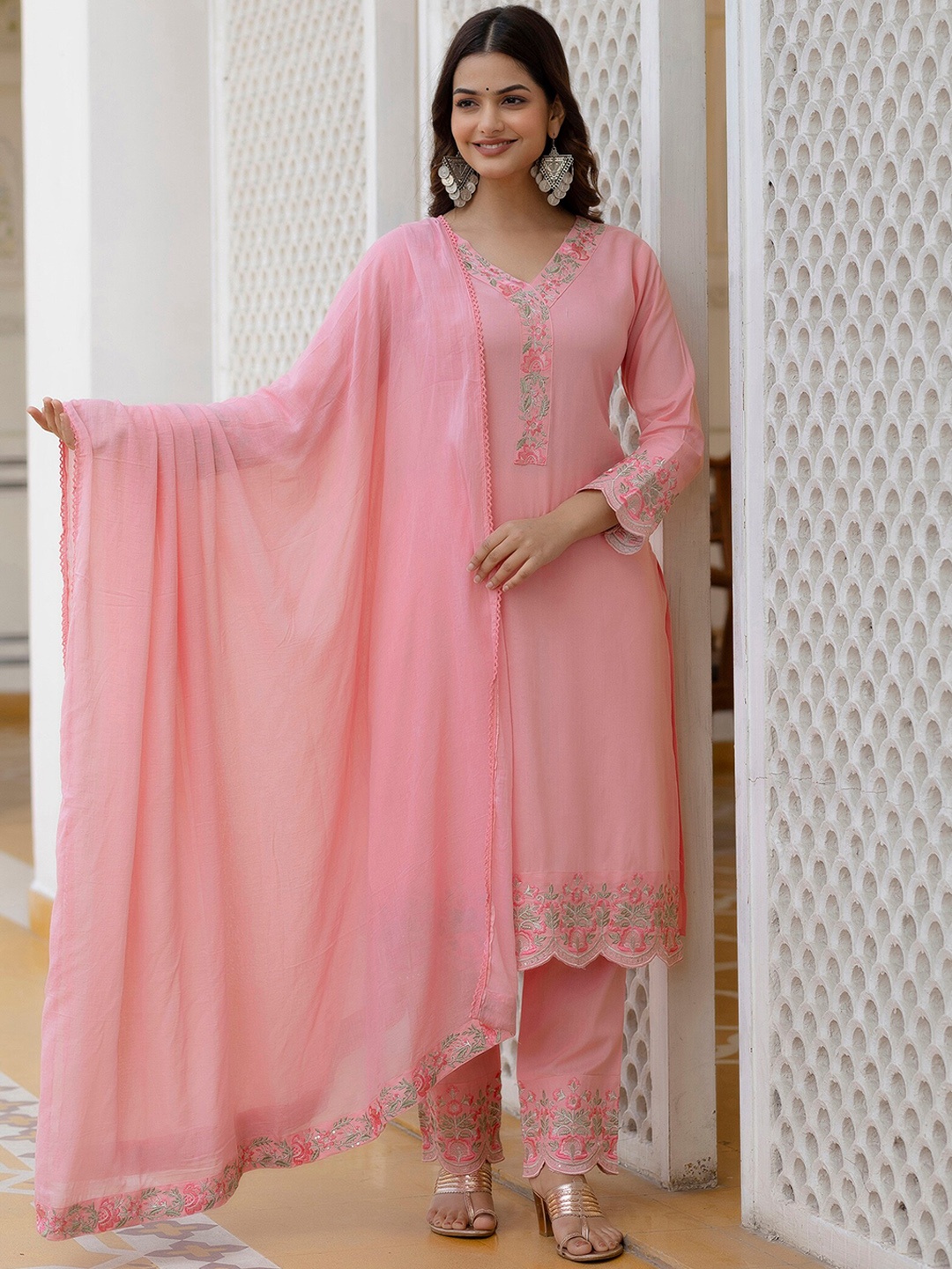 

Anouk Pink Embroidered V-Neck Straight Kurta With Pyjamas & Dupatta