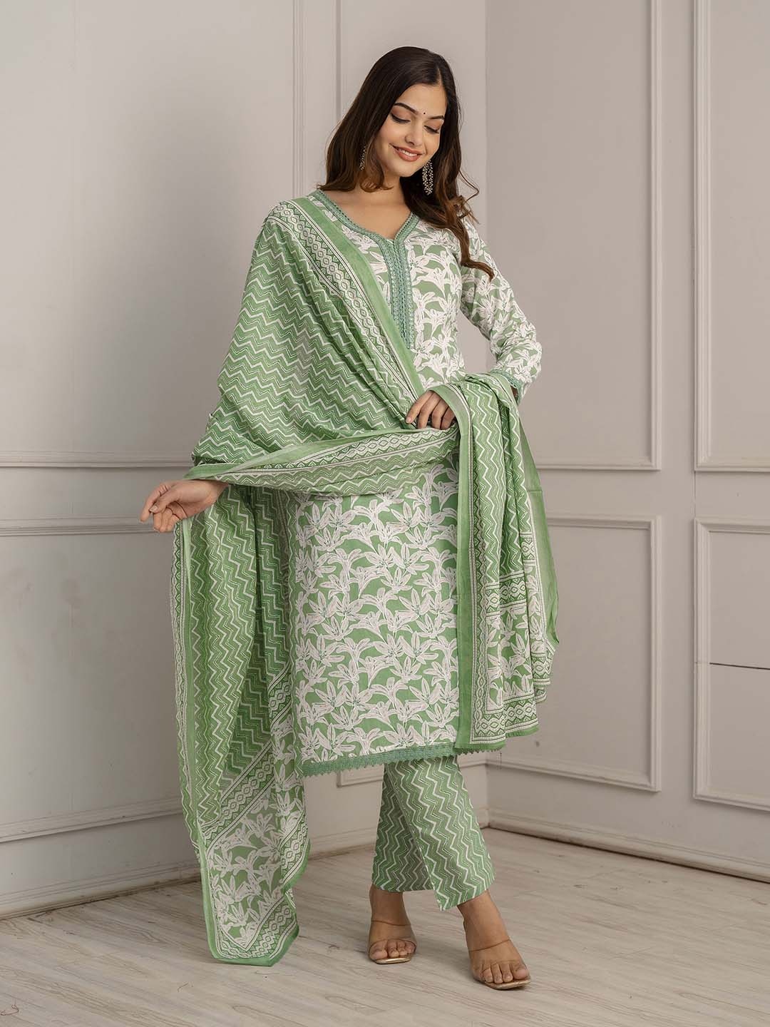 

Anouk Green Floral Printed Mirror Work Pure Cotton Kurta Set With Dupatta