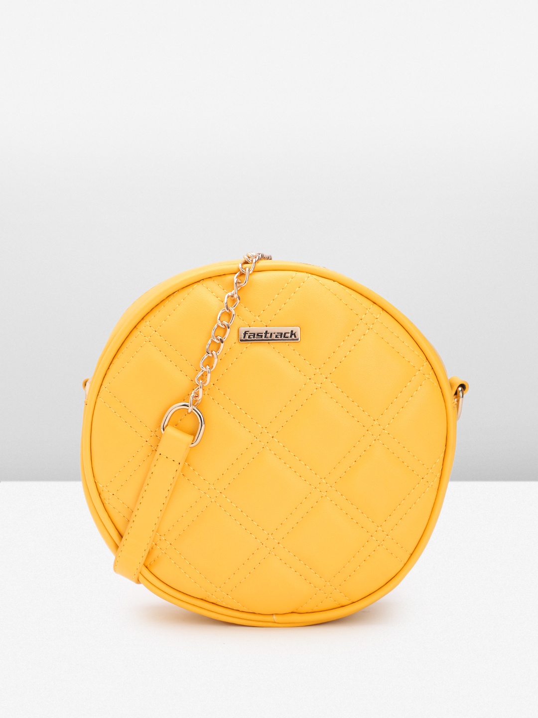 

Fastrack Geometric Self Design PU Bowling Sling Bag with Quilted Detail, Yellow