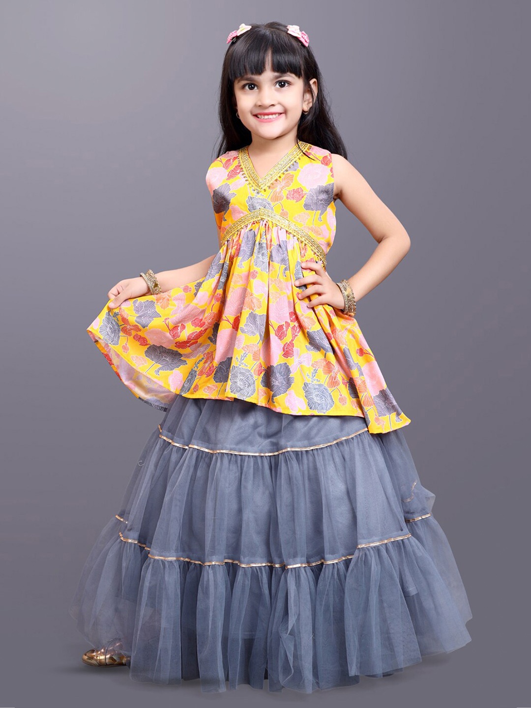 

BAESD Girls Floral Printed Ready to Wear Lehenga Choli, Yellow