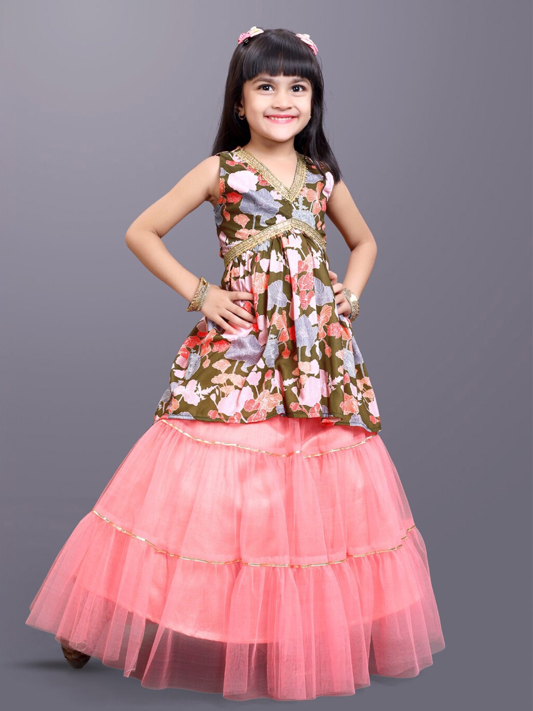 

BAESD Girls Printed Ready to Wear Lehenga Choli, Green
