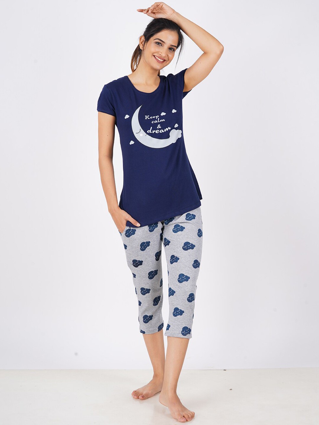 

BAESD Graphic Printed Pure Cotton Night Suit, Navy blue