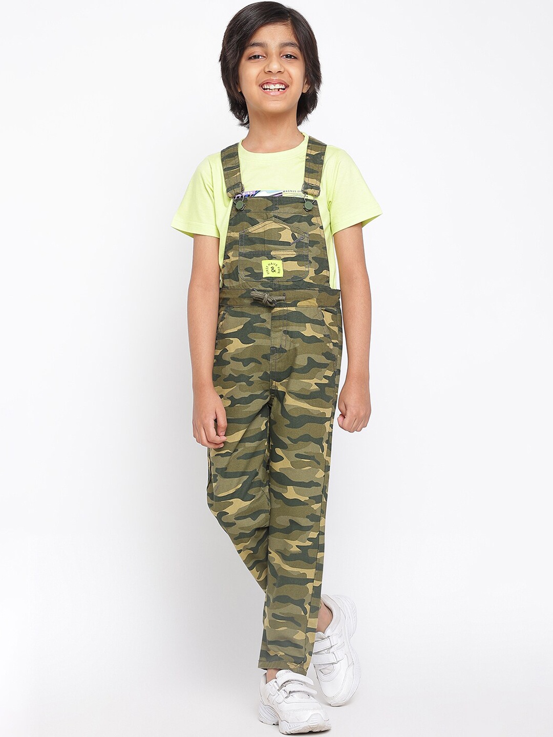 

TALES & STORIES Boys Camouflage Printed Regular Fit Ankle-Length Dungarees, Olive