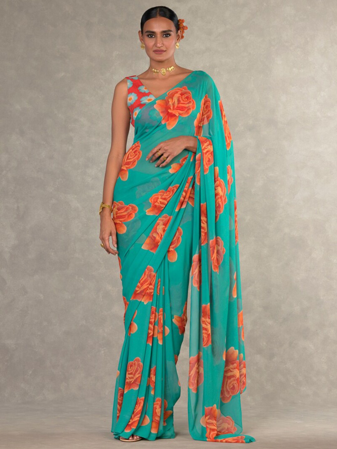 

Masaba Floral Printed Saree, Teal