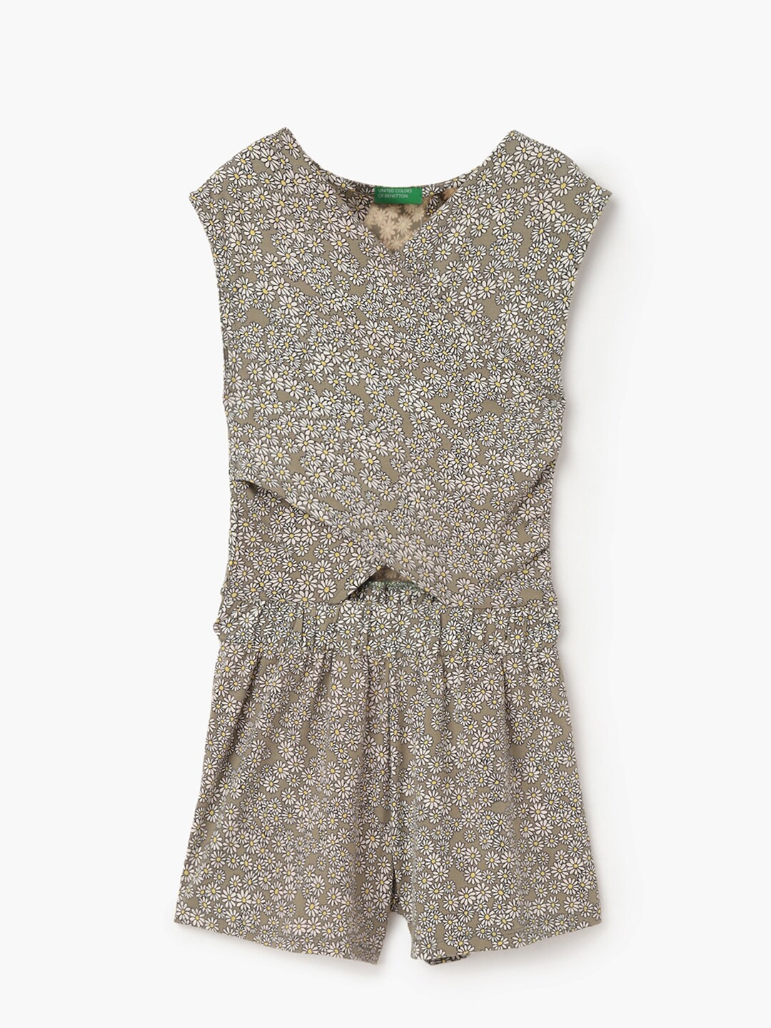 

United Colors of Benetton Girls Floral Printed V-Neck Jumpsuit, Brown