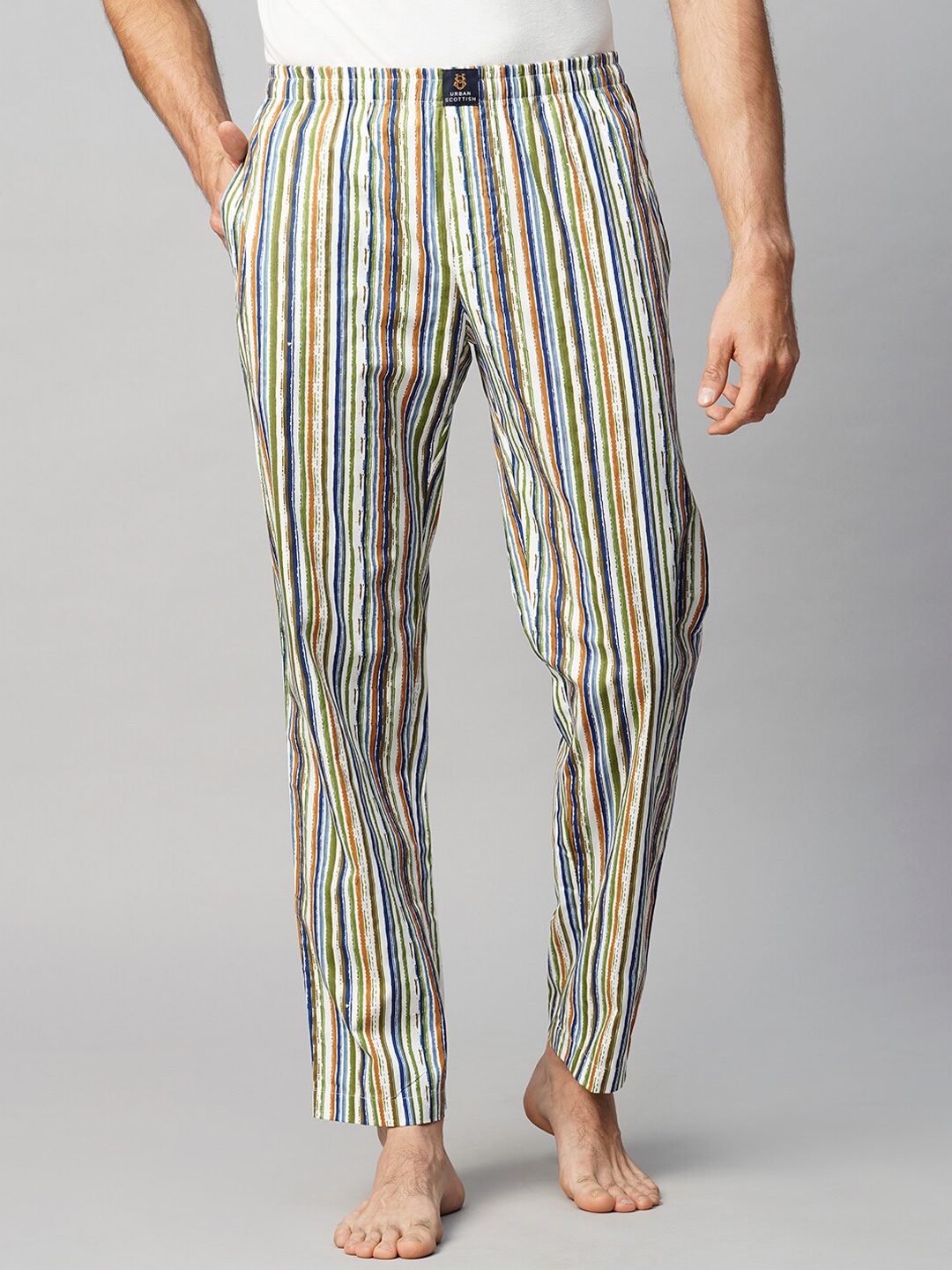 

URBAN SCOTTISH Men Striped Pure Cotton Lounge Pants, Green