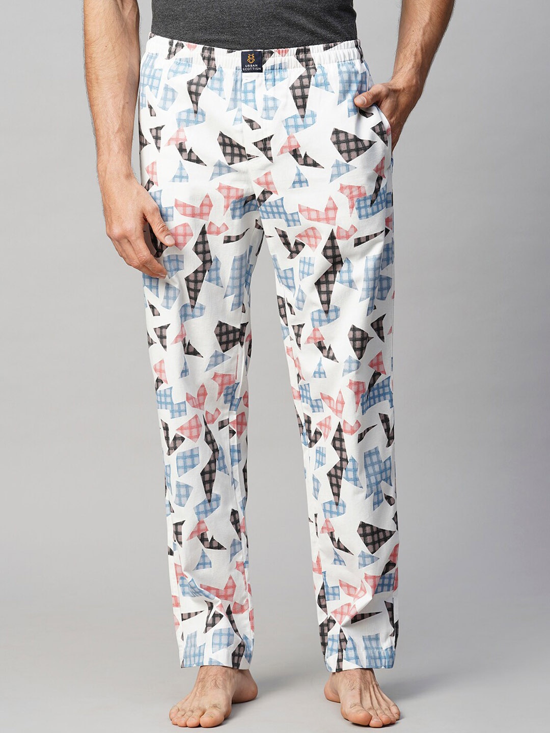 

URBAN SCOTTISH Men Geometric Printed Pure Cotton Lounge Pant, White