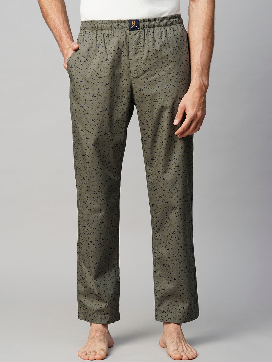 

URBAN SCOTTISH Men Geometric Printed Pure Cotton Lounge Pant, Olive