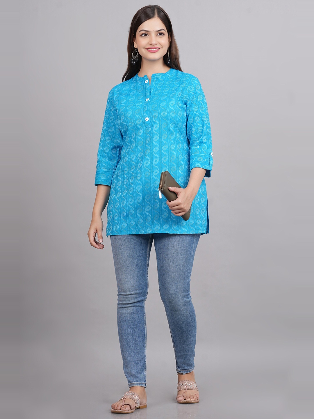 

NEW4U Geometric Printed Mandarin Collar Cotton Top, Turquoise blue