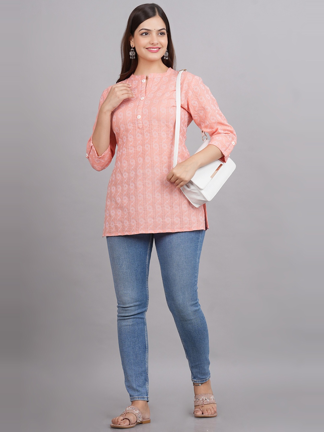 

NEW4U Geometric Printed Mandarin Collar Cotton Longline Top, Peach